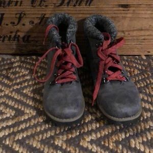 Gray leather hiking boots